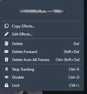 original-effect-copy | CaseGuard Context menu showing options like Copy Effects, Edit Effects, Delete, Delete Forward, Delete from All Frames, Stop Tracking, Disable, and Lock with shortcuts displayed.