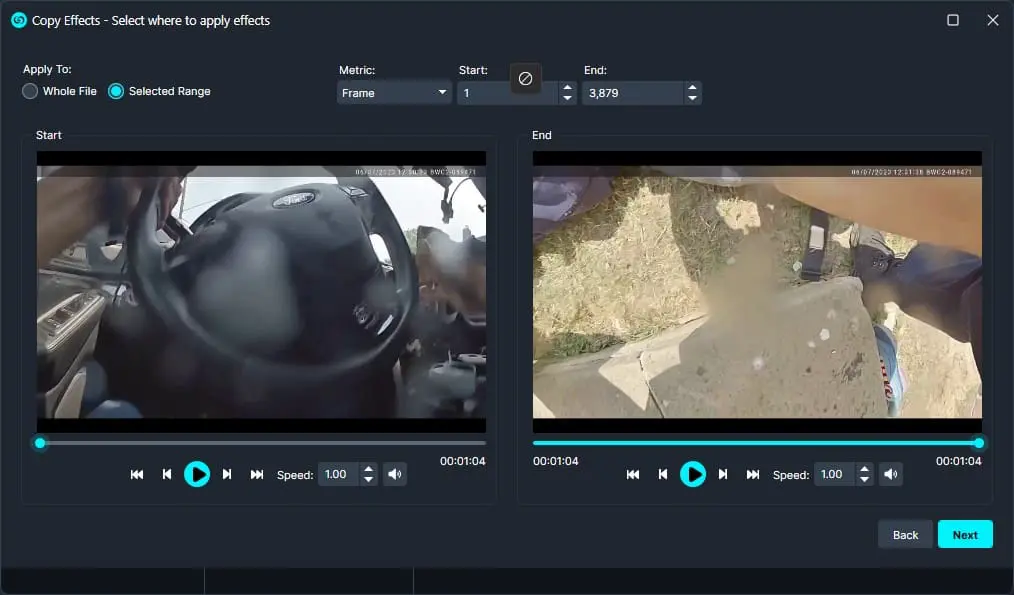 original-where-apply-effects | CaseGuard UI of a video editing tool showing Start and End panels with two video previews, playback controls, and range selection options (Whole File or Selected Range).