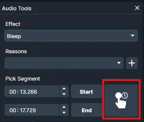 Audio Tools panel showing Bleep effect selected, with Start/End segment controls and a highlighted button featuring a hand cursor.
