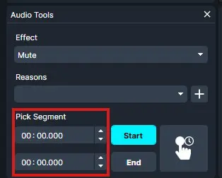 Audio Tools panel with Mute option, Reasons dropdown, and Pick Segment with two time fields (00:00.000) plus Start and End buttons.