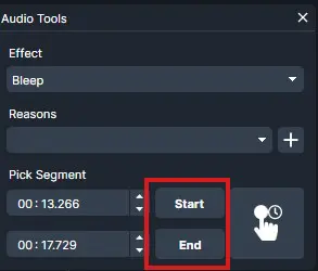 Audio Tools panel for the Bleep effect; Start and End buttons are highlighted to define the segment, currently showing 00:13.266 to 00:17.729.