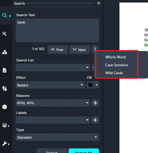 Dark-themed search panel with 'bank' in the search text field and a dropdown showing Whole Word, Case Sensitive, and Wild Cards options.