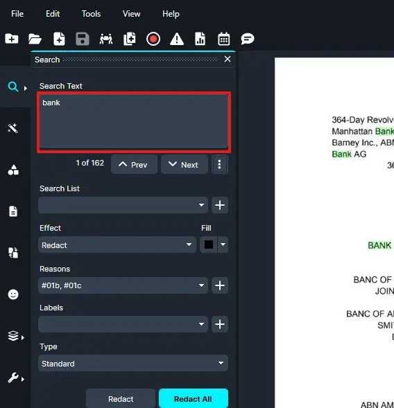 Screenshot of a desktop app showing a search panel; the term 'bank' is selected in a red-highlighted box, with toolbar icons on the left and a document on the right containing green 'BANK' text in context of a list of bank names.