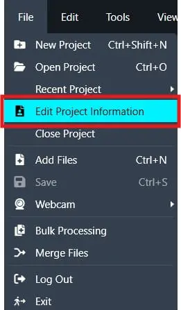 Edit-Project-Information | CaseGuard Menu panel showing options like New Project, Open Project, and a highlighted 'Edit Project Information' item (with cyan background and red outline).