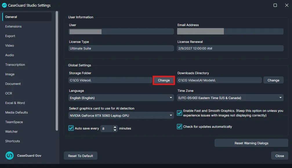 CaseGuard Studio Settings window (General tab) showing user info, license type, storage and download folders, language, time zone, and GPU options.