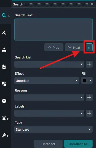 Screenshot of a dark-themed search panel with a highlighted vertical ellipsis (three dots) menu button on the right, and fields for Search Text, Search List, Effect, Reasons, Labels and Type.