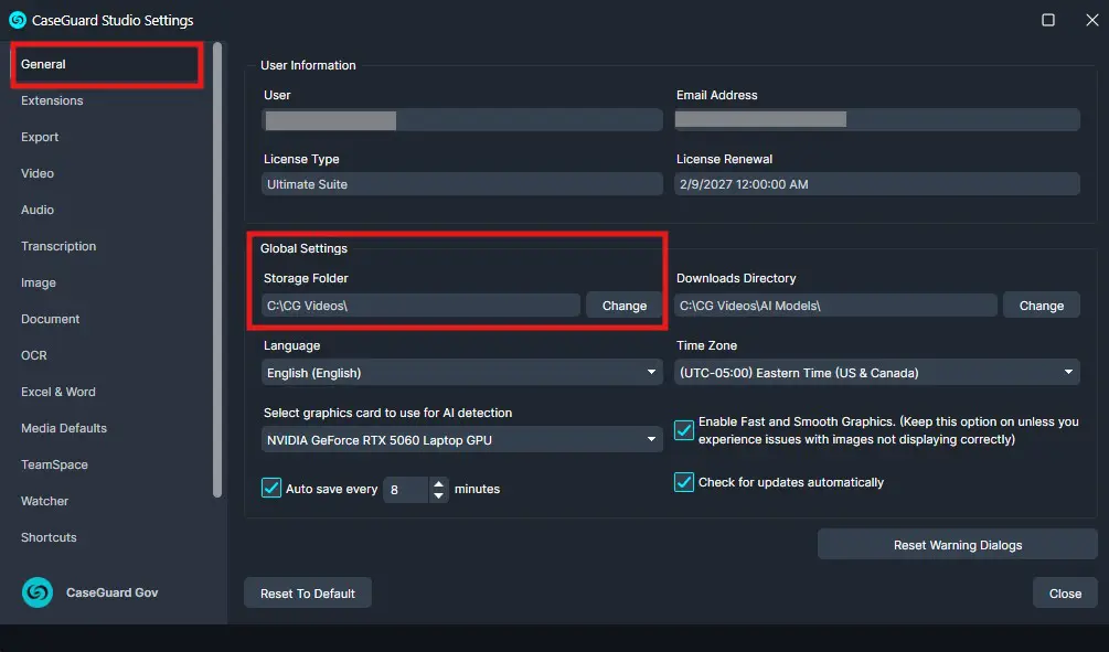CaseGuard Studio Settings window showing General and Global Settings, with storage and downloads folders (C:CG Videos) and language options.