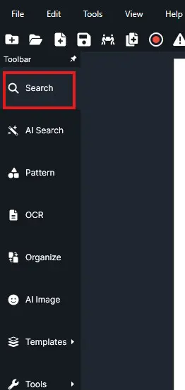 Dark vertical toolbar/sidebar with tool options; the top item 'Search' is highlighted with a red outline, showing the UI menu.