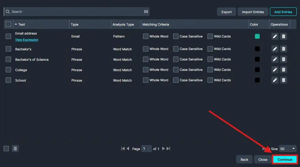 Dark settings screen showing a table of text entries (Email address, Bachelor’s, College, School) with checkboxes, Type and Analysis columns, matching criteria checkboxes, color swatches, and edit/delete icons; Continue button at bottom-right is highlighted.