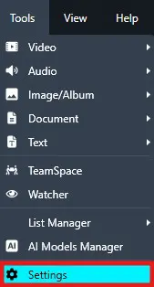 Vertical sidebar navigation; Settings is highlighted at the bottom among options like Video, Audio, Image/Album, Document, Text.
