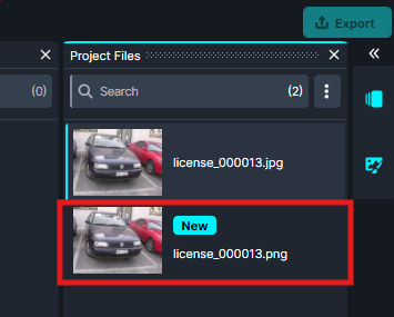 Converted | CaseGuard Highlighted file entry showing a small car photo thumbnail, filename license_000013.png, with a blue 'New' badge in the file list UI.