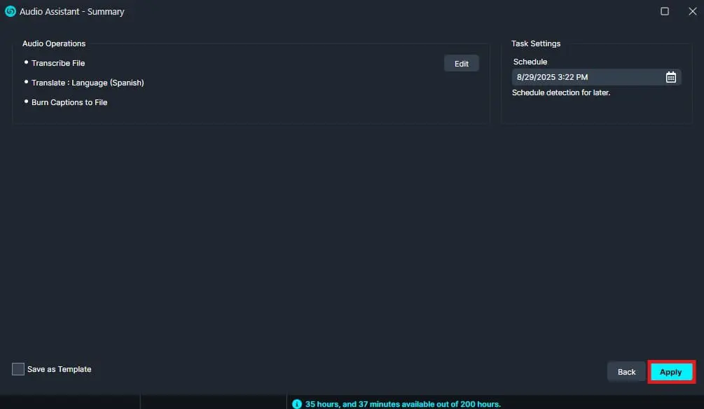 apply-cc | CaseGuard UI: Audio Assistant Summary with options to Transcribe, Translate to Spanish, and Burn Captions to File; Apply highlighted.