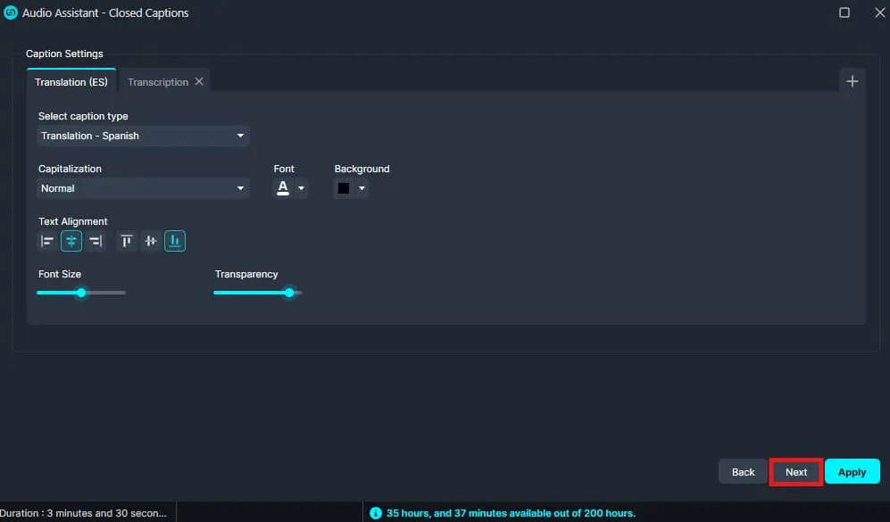 click-next | CaseGuard Screenshot of the Audio Assistant caption settings panel showing Translation to Spanish, Normal capitalization, font and background options, text alignment icons, and sliders for font size and transparency; Next button outlined in red.