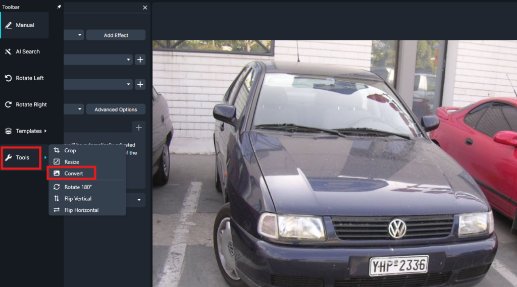 convert-image | CaseGuard Screenshot of a photo editing app showing a blue Volkswagen car image; the Tools menu is open with Convert highlighted."