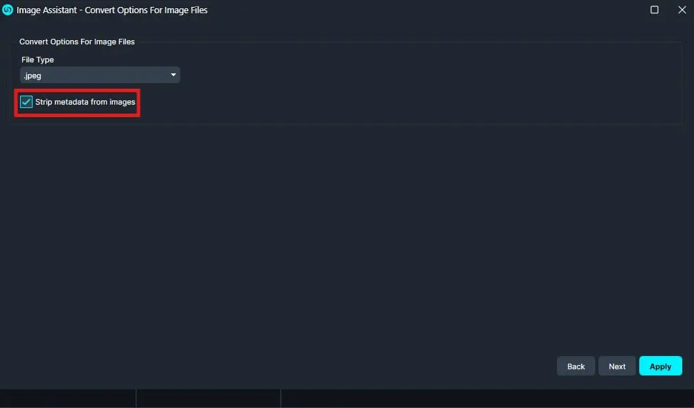 Dialog showing convert options for image files with 'Strip metadata from images' option checked. Showcased in a dark UI with Apply/Back/Next buttons visible.