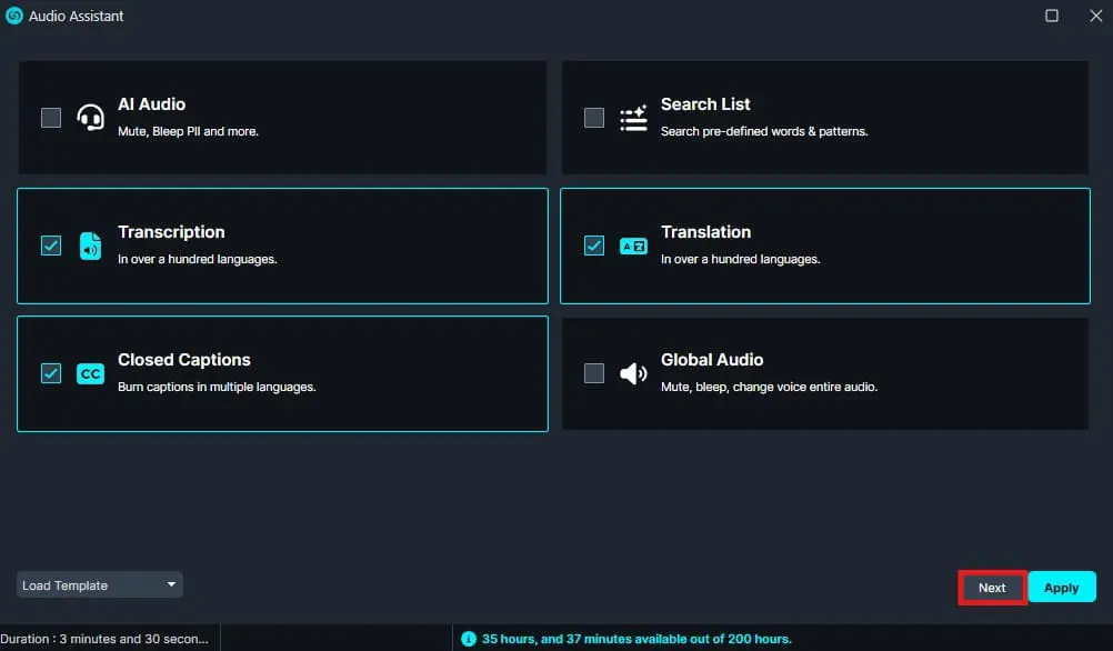 select-translation | CaseGuard Audio Assistant settings: Transcription, Translation, and Closed Captions enabled; Next and Apply buttons on the right.