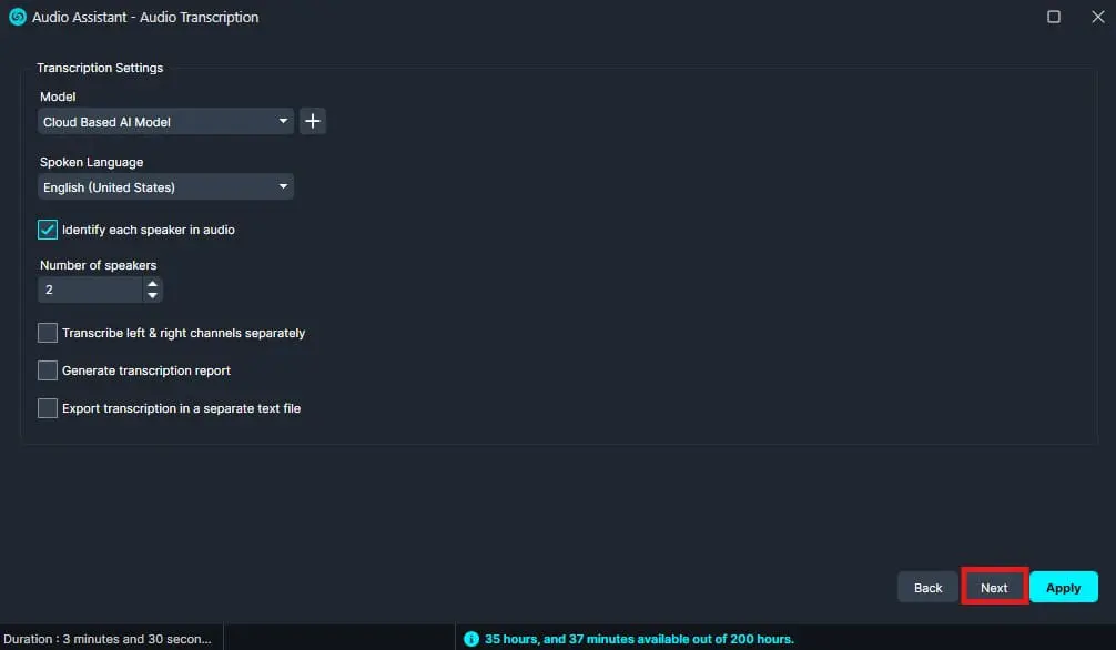 transcription-next | CaseGuard Transcription settings window showing model, language, speaker identification, and options like applying or next.