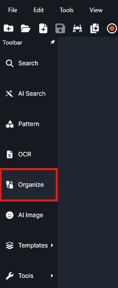 Organize Pages | CaseGuard Screenshot of a document editor UI; left tool panel shows Search, Pattern, OCR, and Organize highlighted in red.