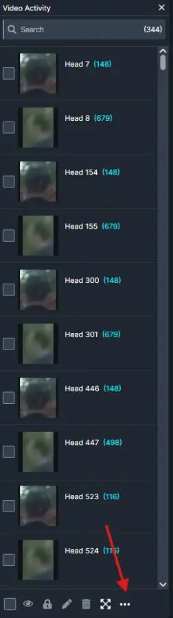 Activity | CaseGuard Screenshot of a Video Activity panel: a searchable list of items like 'Head 7', 'Head 8', each with a small avatar, a checkbox, and a blue count in parentheses; a bottom toolbar with icons and a three-dots overflow menu at the bottom right.