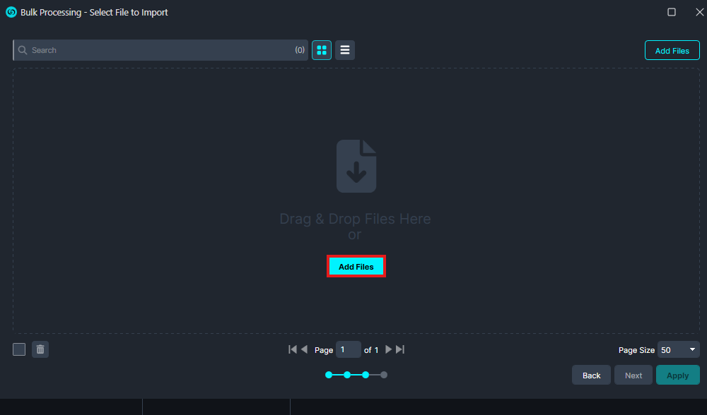 Bulk Processing interface for importing files, featuring a drag-and-drop area and an Add Files button.