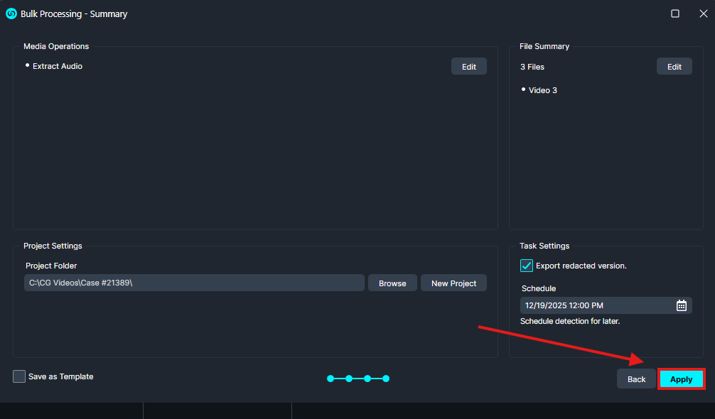 Bulk Processing summary window with sections for Media Operations, File Summary, Project Settings, Task Settings and Back/Apply controls.