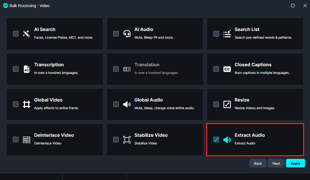 Bulk Video Processing interface with a grid of tools; Extract Audio is selected with a checkmark and speaker icon (right panel).