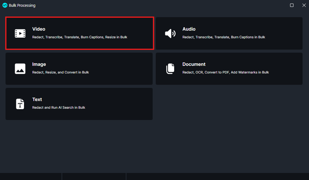 Bulk Processing dashboard with tiles for Video, Audio, Image, Document, and Text; Video tile highlighted.