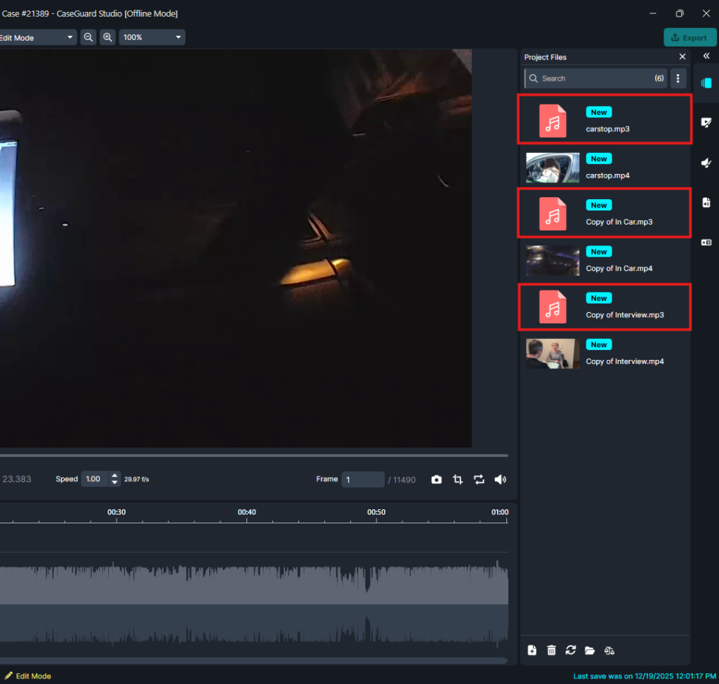 CaseGuard Studio interface: dark video preview on the left, right panel lists new media files like carstop.mp3 and Copy of Interview.mp3, etc.