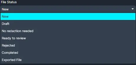 Dropdown labeled File Status showing status options: New (selected), Draft, No redaction needed, Ready to review, Rejected, Completed, Exported File.