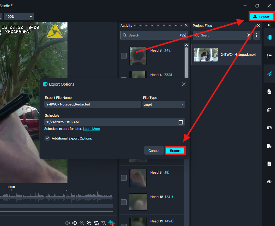 Screenshot of Export Options in a video editor: file name, mp4 type, schedule date, and highlighted Export button.