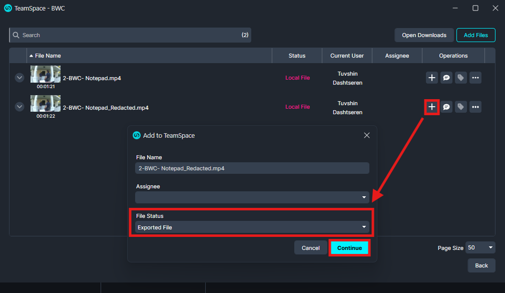 TeamSpace interface showing two files; a modal 'Add to TeamSpace' selects File Status as 'Exported File' and has a Continue button.
