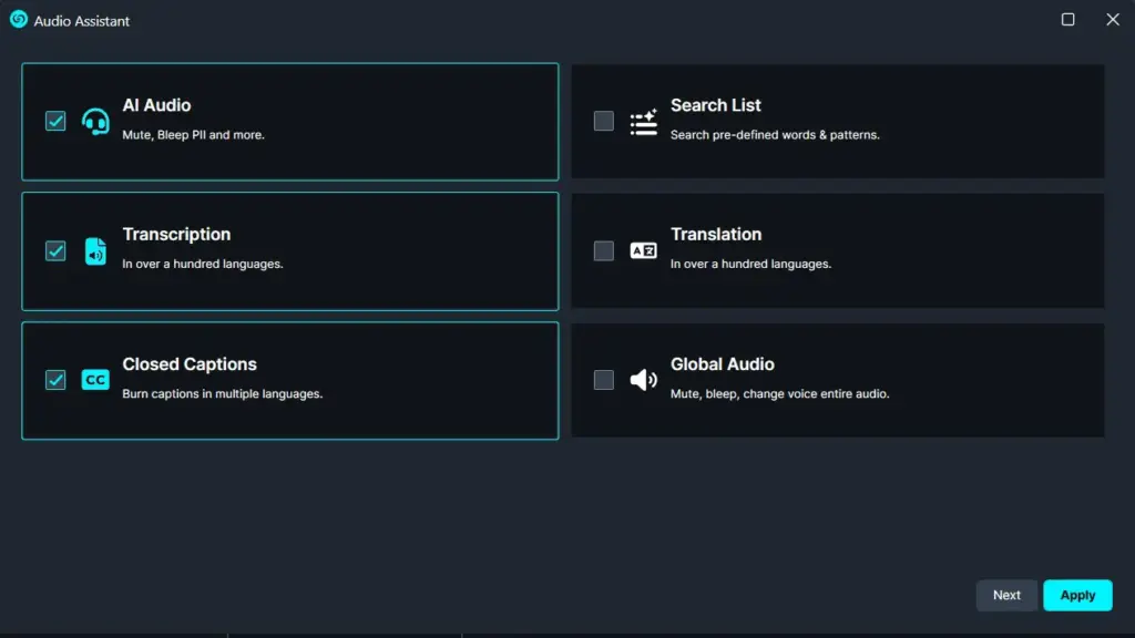 HtAAACC-1 | CaseGuard UI for Audio Assistant settings showing selectable options: AI Audio, Transcript, Closed Captions with check marks, and non-selected Search List, Translation, Global Audio; Apply/Next buttons in the bottom-right.