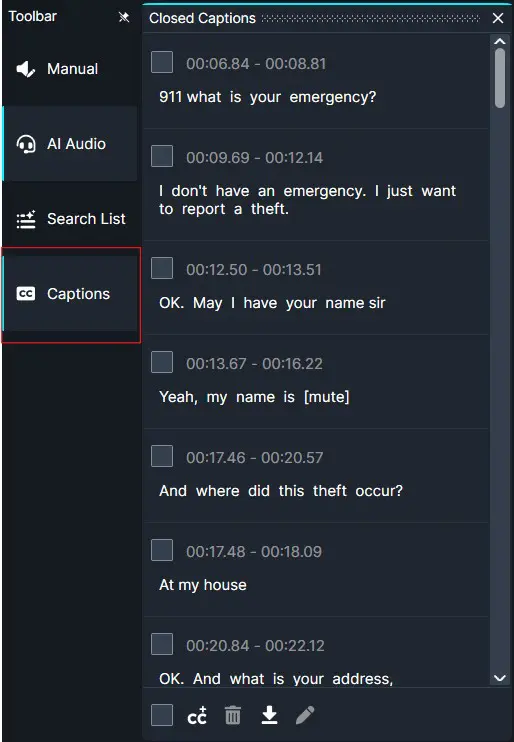 HtAAACC-3 | CaseGuard UI of a caption editor: left navigation with Captions highlighted; right pane shows timestamped dialogue lines from a theft emergency transcript.