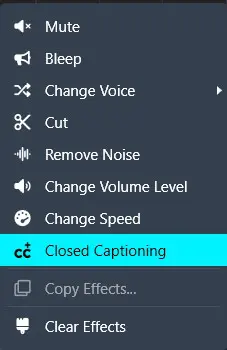 HtAAACC-6 | CaseGuard Vertical software menu listing audio effects: Mute, Bleep, Change Voice, Cut, Remove Noise, Change Volume, Change Speed; Closed Captioning highlighted.