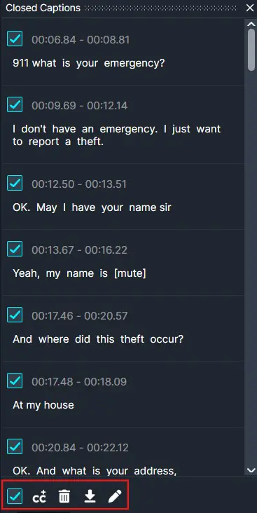 HtAAACC-8 | CaseGuard Screenshot of a closed captions editor showing a multi-line transcript of a 911 call about a theft, with checkboxes and action icons (delete, download, edit) at the bottom.