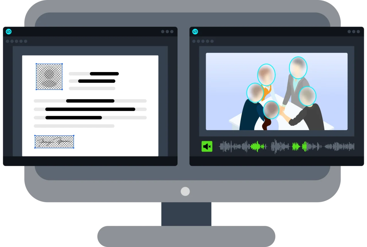 Split-screen desktop: left document with text and placeholders, right a video editor showing a group around a table and a waveform timeline.