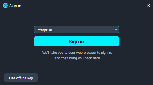 Sign-in dialog with Enterprise selected, cyan Sign in button, helper text about opening a browser, and an 'Use offline key' button.