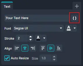 UI typography panel with a text field showing 'Your Text Here' and a highlighted curly braces { } button.
