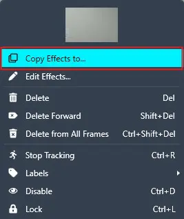 Screenshot of a right-click context menu with 'Copy Effects to...' highlighted in blue/sky cyan.