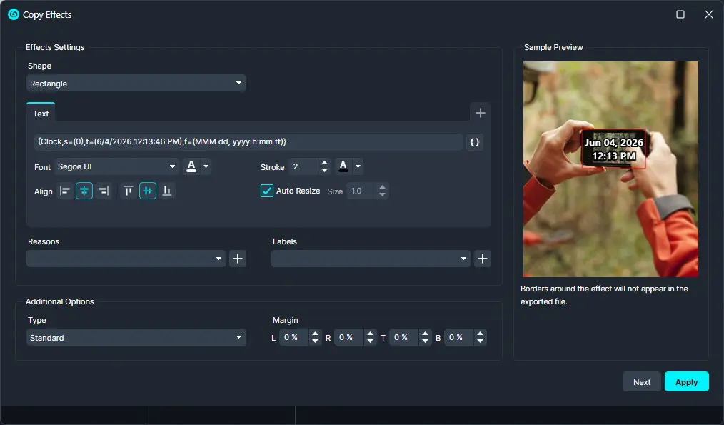 Copy Effects settings: rectangle text stamp with date/time format and font options; sample preview on the right.