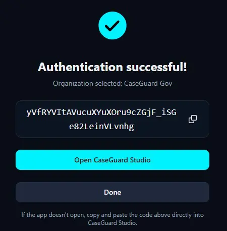 Authentication successful screen showing 'CaseGuard Gov' selected, a copyable code, a cyan 'Open CaseGuard Studio' button, and a dark 'Done' button.