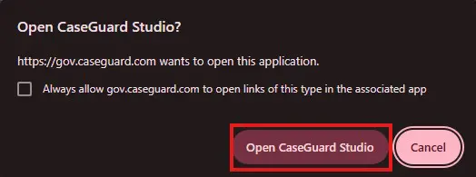Permission prompt to open CaseGuard Studio from gov.caseguard.com with two options: 'Open CaseGuard Studio' and 'Cancel' (primary action highlighted).