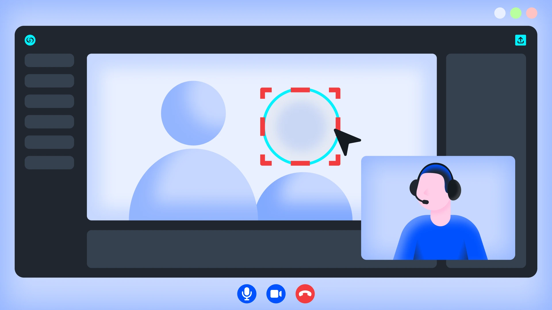 Video call UI with a large shared screen showing circular shapes; a red-outlined focus target is selected by a cursor; small participant tile with headset visible at bottom right; bottom controls visible.