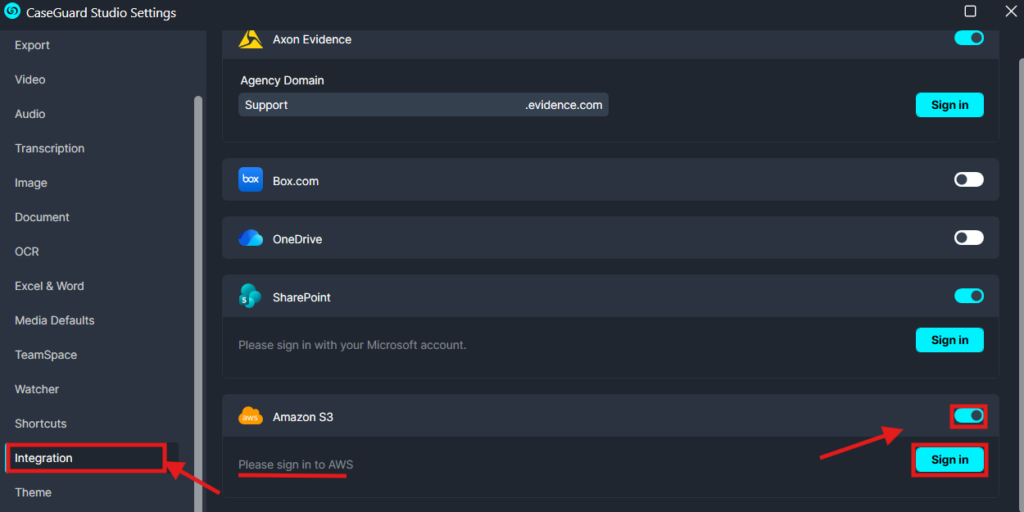 CaseGuard Studio Settings - Integration tab showing service toggles (AWS S3 on) and Sign in button nearby