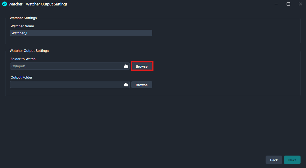 Settings window titled 'Watcher Output Settings' showing Watcher_Name set to Watcher_1 with two folder fields and 'Browse' buttons for input and output locations.