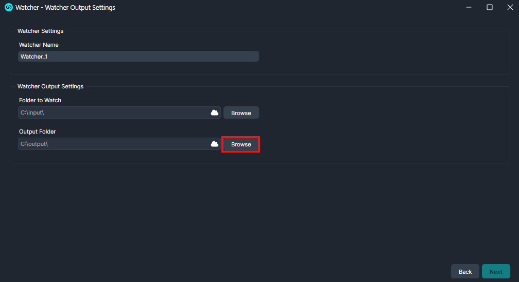 Watcher Output Settings dialog showing Watcher_1; folders to watch: C:Input and output: C: ender"],