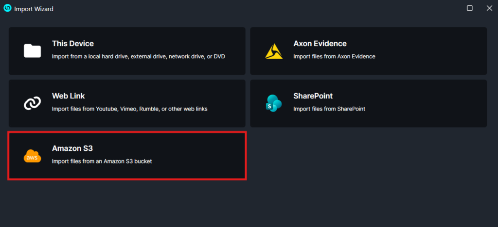 Import Wizard with five source tiles: This Device, Axon Evidence, Web Link, SharePoint, and Amazon S3; the Amazon S3 tile is outlined in red.