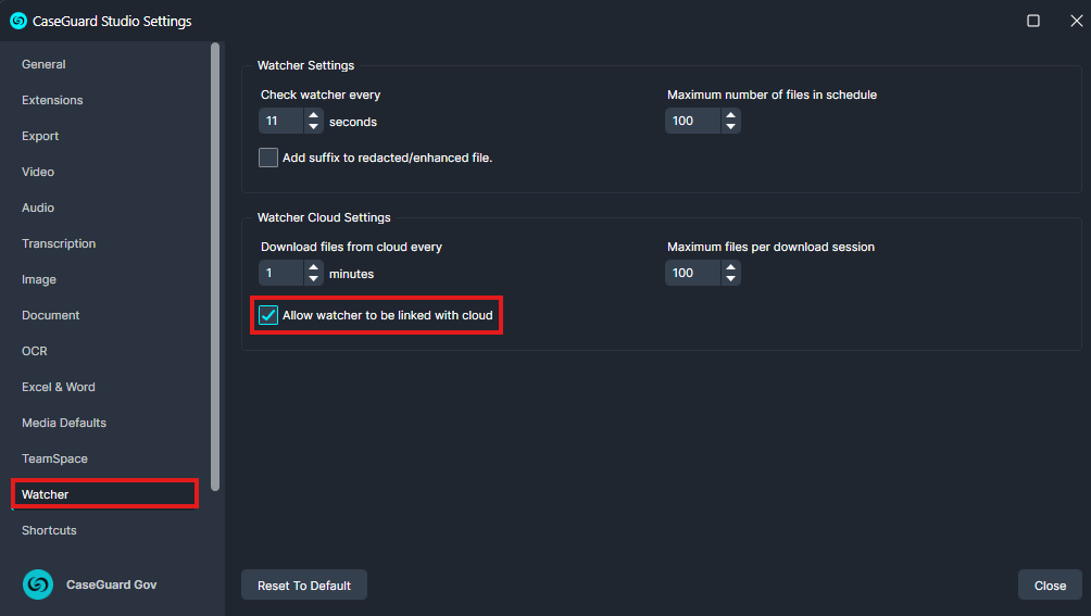 CaseGuard Studio Settings: Watcher tab with 'Allow watcher to be linked with cloud' checked.