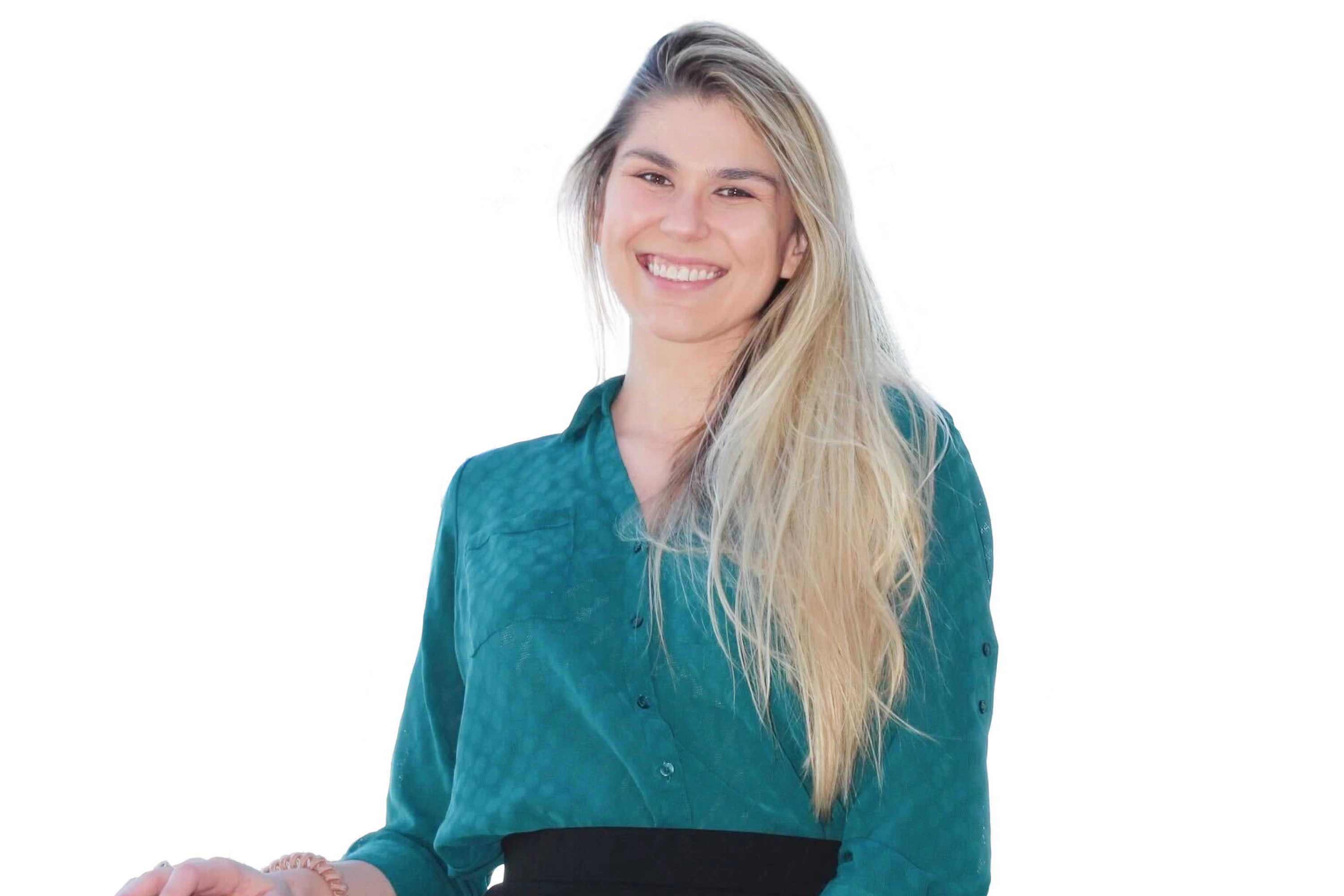 Smiling woman with long blonde hair wearing a teal blouse against a black background.